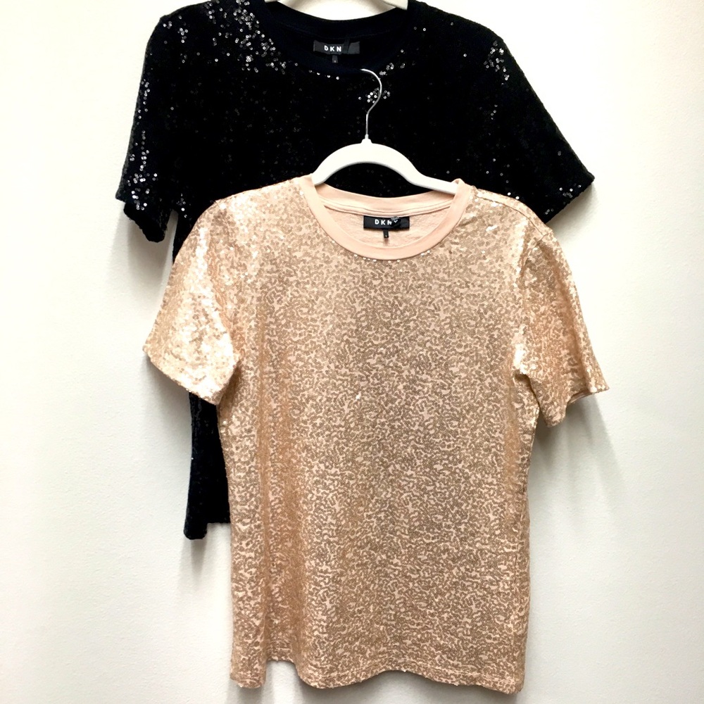 DKNY Sequined Short Sleeve Top Bundle(2)  Small Black Pink Stretchy